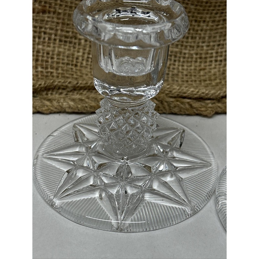 Set of 2 Clear Crystal Glass Candle Holders Eight Point Star And Diamond‎ Design - Picture 5 of 9